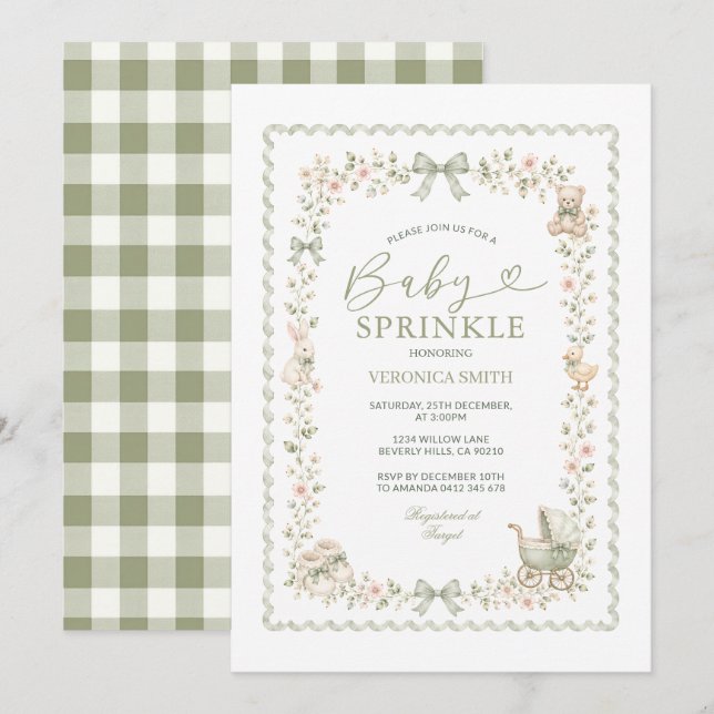 Sage Green Bow Gingham Baby Sprinkle Invitation (Front/Back)