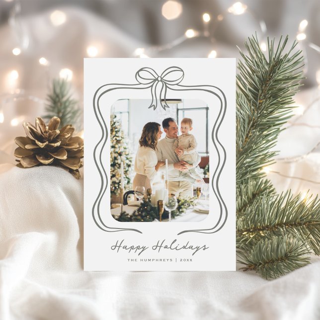 Sage Green Bow Illustration Photo Holiday Card (Creator Uploaded)