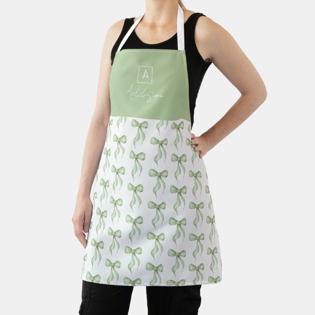 Sage Green Bow Pattern Monogram Personalized Apron (Insitu)