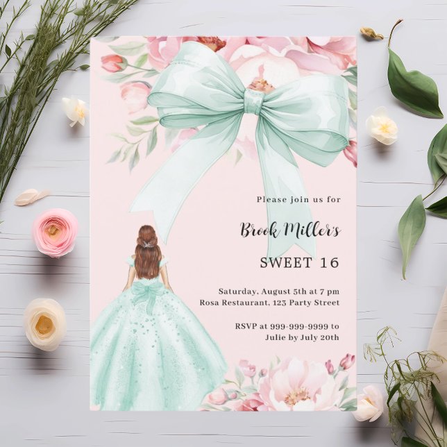 Sage green bow pink florals dress Sweet 16 Invitation (Creator Uploaded)
