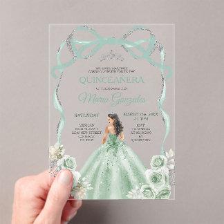 Sage Green Bow Princess Silver Crown Quinceañera Acrylic Invitations