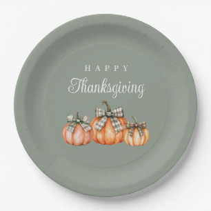 Sage Green Bow Pumpkins Happy Thanksgiving Paper Plate