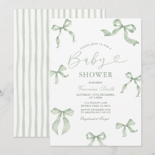 Sage Green Bow Ribbon Baby Shower Invitation