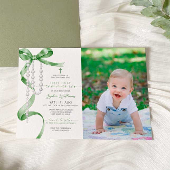 Sage Green Bow & Rosary Photo First Holy Communion Invitation (Creator Uploaded)