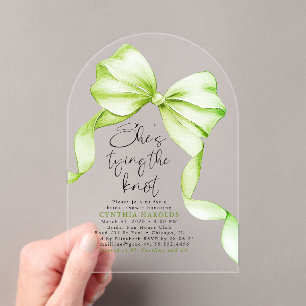 Sage Green Bow She's Tying the Knot Bridal Shower Acrylic Invitations