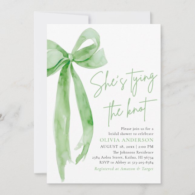 Sage Green Bow She's Tying the Knot Bridal Shower Invitation (Front)