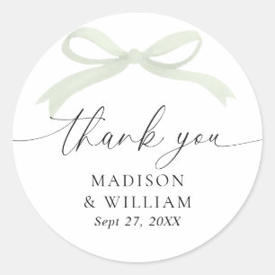 Sage Green Bow Watercolor Wedding Thank You Classic Round Sticker
