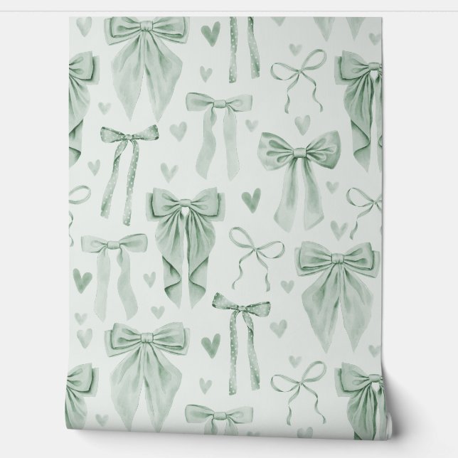 Sage Green Bows and Hearts on Soft Green Wallpaper (Unrolling)
