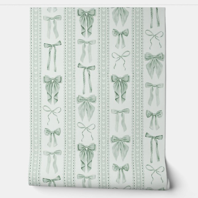 Sage Green Bows and Lace Vertical Stripes Wallpaper (Unrolling)
