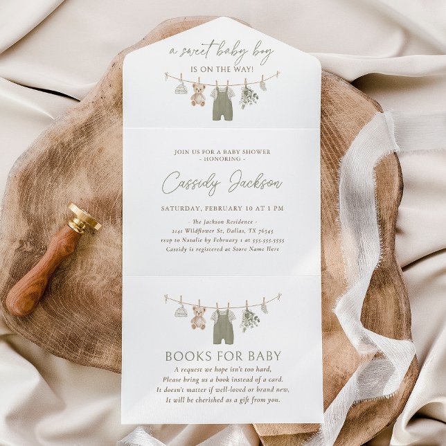 Sage Green Boy Baby Clothes Baby Shower All In One Invitation (Creator Uploaded)