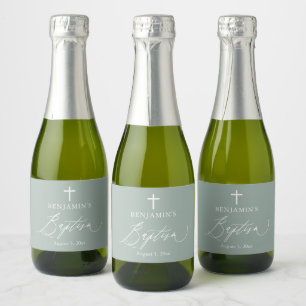 Sage Green Boy Baptism Mini Sparkling Wine Bottle  Label