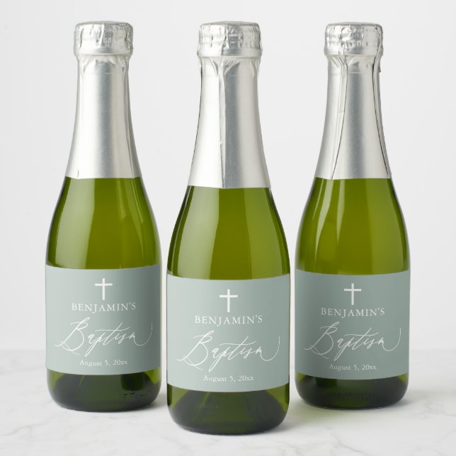 Sage Green Boy Baptism Mini Sparkling Wine Bottle  Sparkling Wine Label (Bottles)