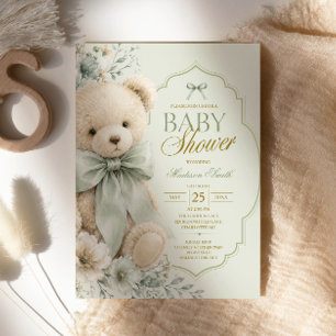Sage Green Boy Teddy Bear Baby Shower Invitation