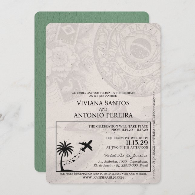 Sage Green Brazil Passport Wedding Invitation (Front/Back)