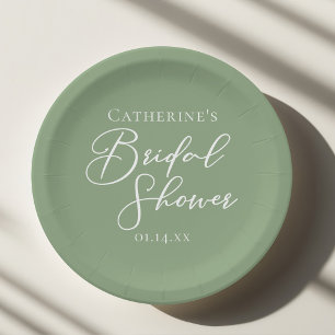 Sage Green Bridal Shower Personalised White Script Paper Plate