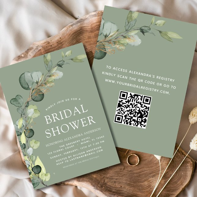 Sage Green Bridal Shower QR Code Eucalyptus Invitation (Creator Uploaded)