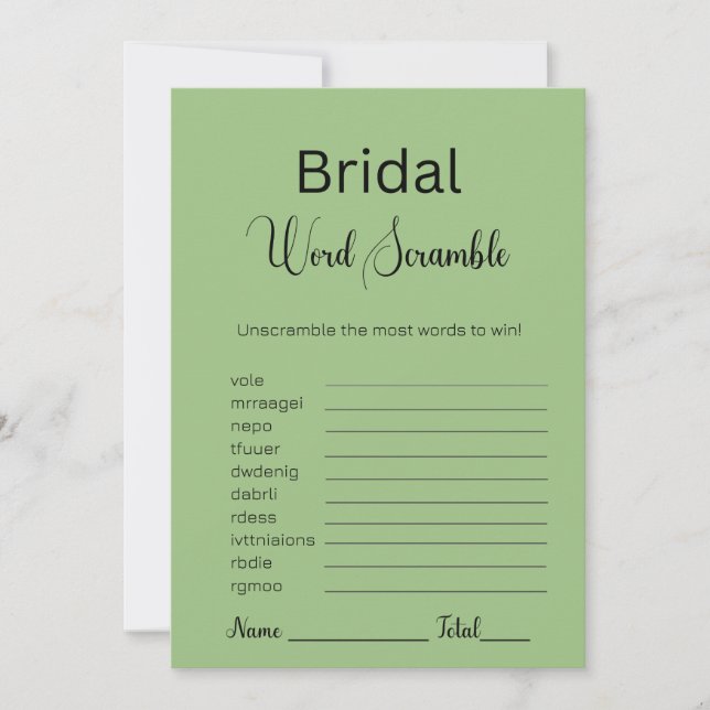 Sage Green Bridal Word Scramble Game Invitation (Front)