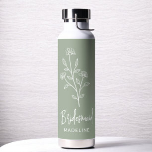 Sage Green Bridesmaid Name Floral Bachelorette Water Bottle