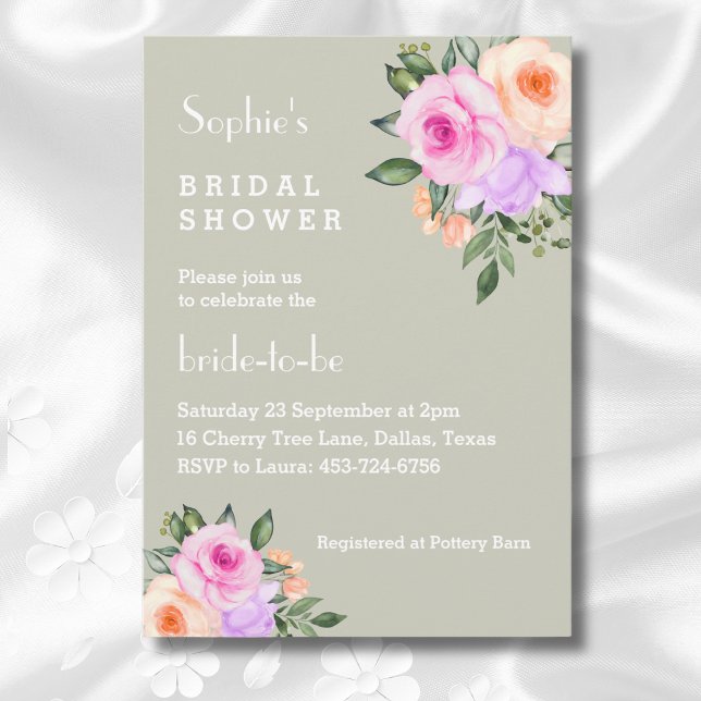 Sage Green Bright Floral Pink Roses Bridal Shower Invitation (Creator Uploaded)