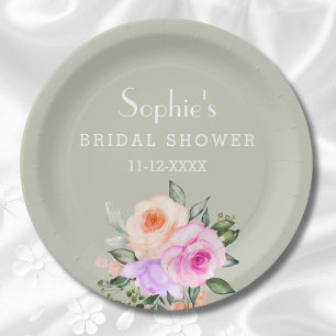 Sage Green Bright Floral Pink Roses Bridal Shower Paper Plate