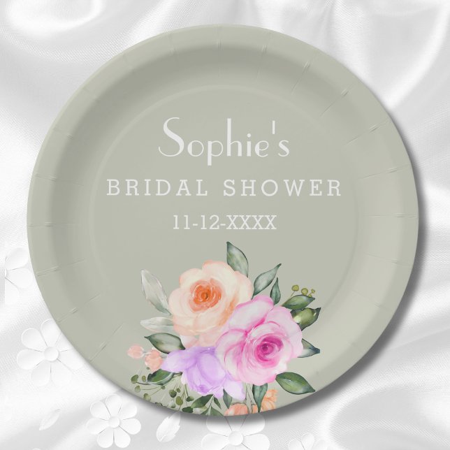 Sage Green Bright Floral Pink Roses Bridal Shower Paper Plate (Creator Uploaded)