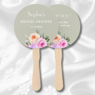 Sage Green Bright Roses Pink Floral Bridal Shower Hand Fan