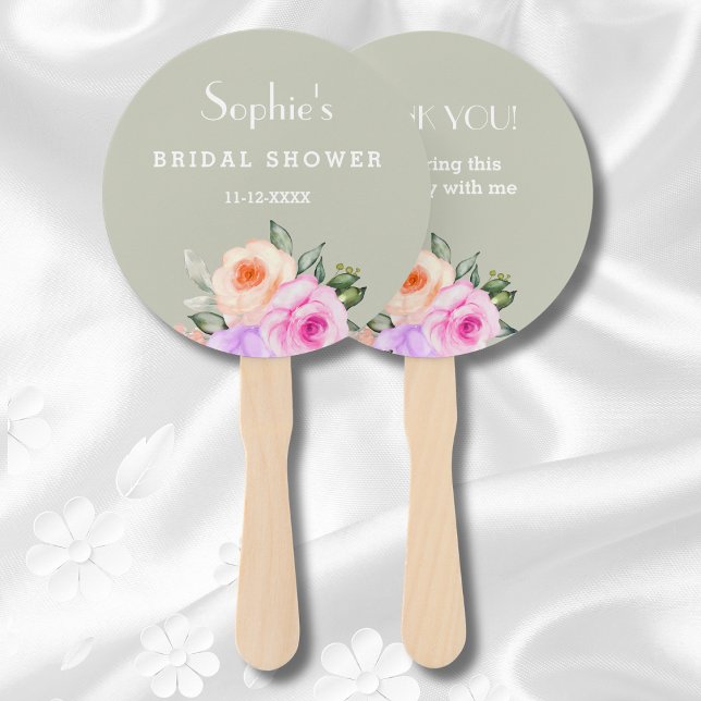 Sage Green Bright Roses Pink Floral Bridal Shower Hand Fan (Creator Uploaded)