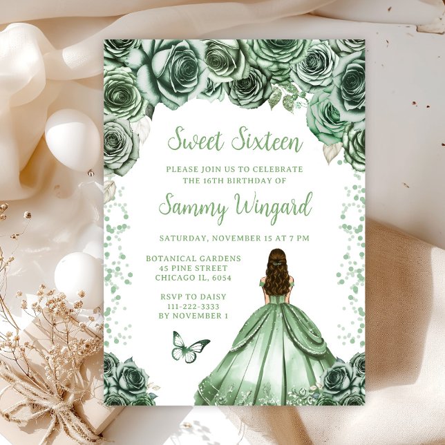 Sage Green Brown Hair Princess Sweet Sixteen Invitation (Creator Uploaded)