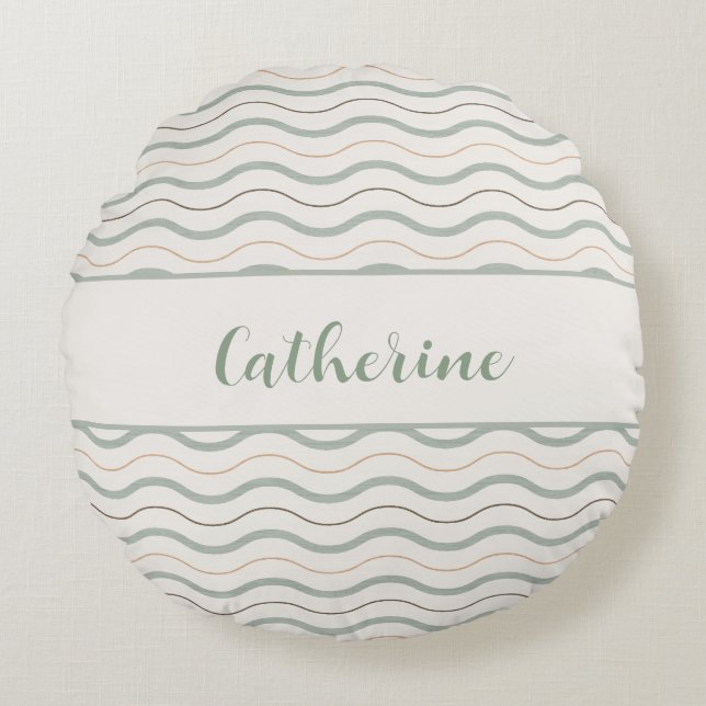 Sage Green & Brown Nautical Waves Decor Round Cushion (Front)