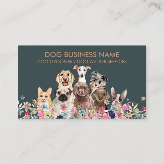 Sage Green Brown Pet Groomer Logo Dogs Business Card (Front)