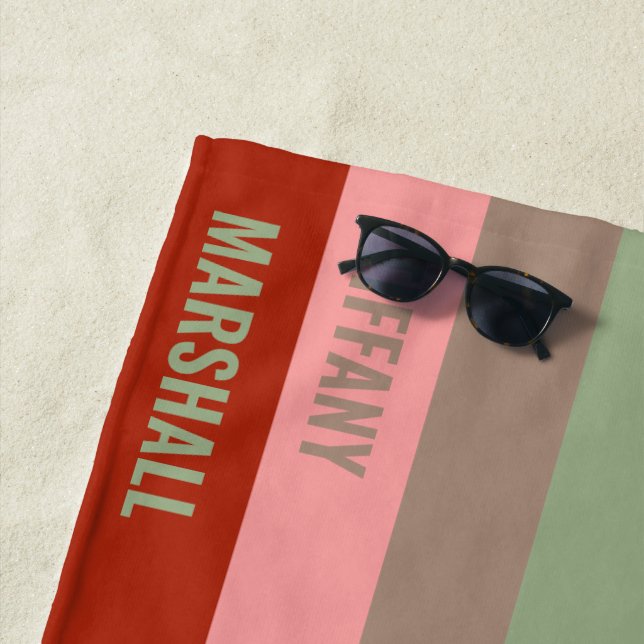 Sage Green Brown Pink Red Stripes Pattern Name Beach Towel (In Situ)