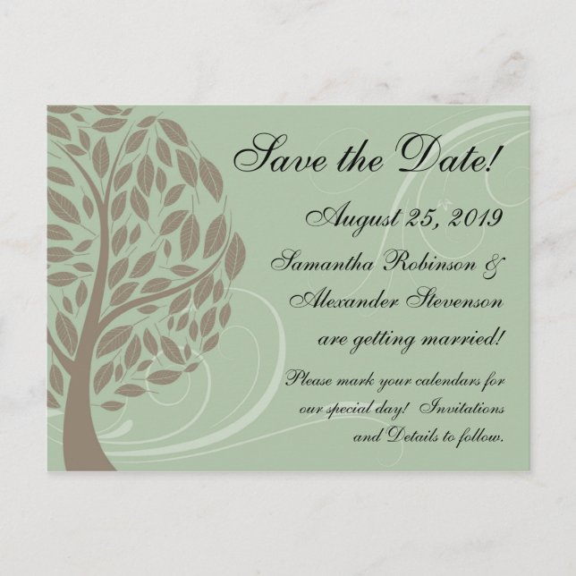 Sage Green, Brown Stylised Eco Tree Save the Date Announcement Postcard (Front)