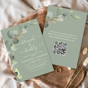 Sage Green Brunch & Bubbly QR Code Eucalyptus  Invitation