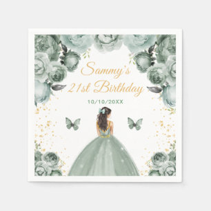 Sage Green Brunette Hair Princess Birthday Party Napkin