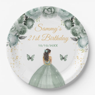 Sage Green Brunette Hair Princess Birthday Party Paper Plate