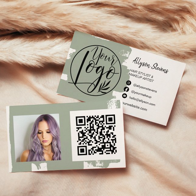 Sage green brush hair makeup photo logo qr code business card (Sage green brush hair makeup photo logo qr code business card)