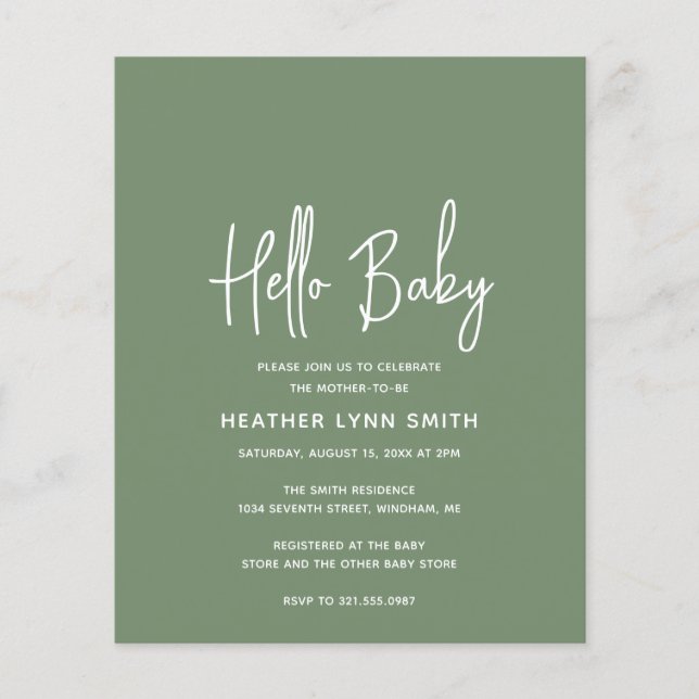 Sage Green Budget Hello Baby Shower Invitation (Front)