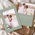 Sage Green Budget Wedding Photo Thank You Cards<br><div class="desc">Sage Green Budget Wedding Thank You Cards that have a photo on the front and back. The Thank you cards contain a modern hand lettered cursive script typography that are elegant,  simple and modern to use after you minimalist simple wedding day celebration.</div>