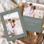 Sage Green Budget Wedding Photo Thank You Cards<br><div class="desc">Sage Green Budget Wedding Thank You Cards that have a photo on the front and back. The Thank you cards contain a modern hand lettered cursive script typography that are elegant,  simple and modern to use after you minimalist simple wedding day celebration.</div>