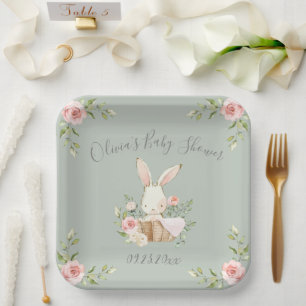Sage Green Bunny Rabbit Baby Shower Paper Plate