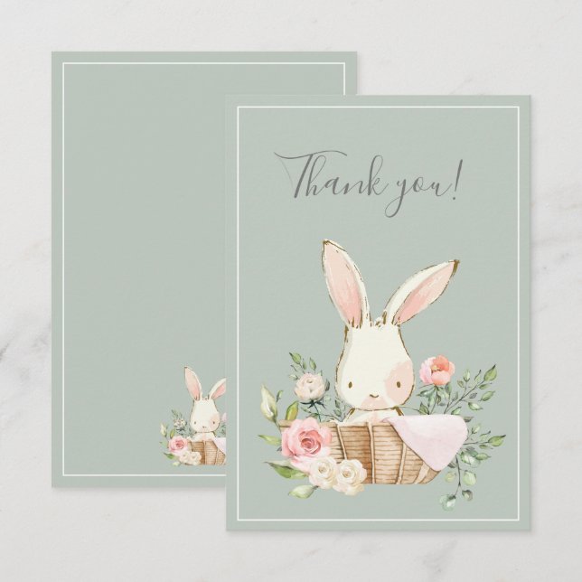 Sage Green Bunny Rabbit Flat Thank You Card (Front/Back)