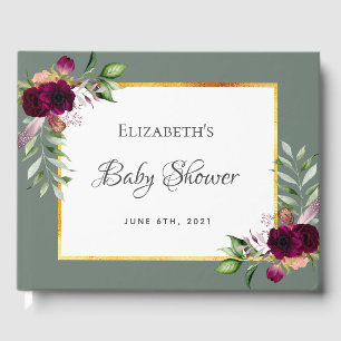 Sage Green Burgundy flowes Baby Shower Guest Book