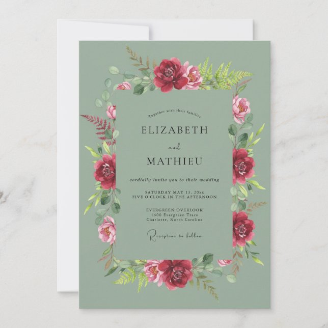 Sage Green Burgundy Pastoral Wedding Invitation (Front)