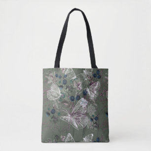 Sage Green Butterfly Floral Tote Bag