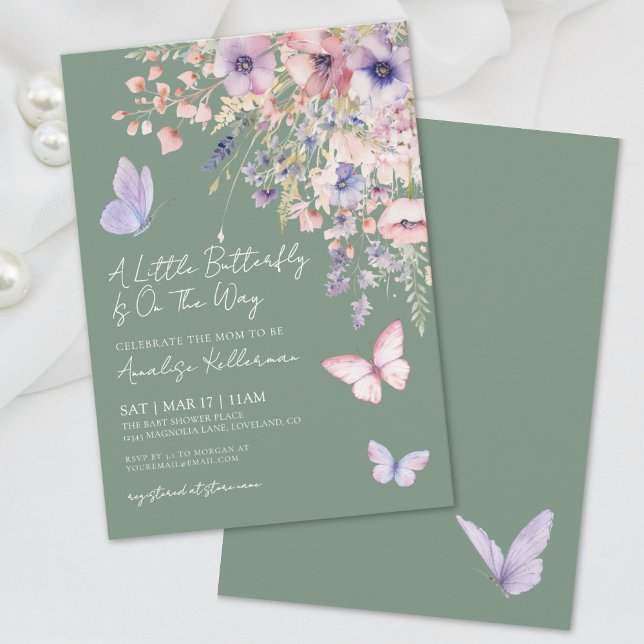 Sage Green Butterfly Wildflower Baby Shower Invitation (Sage Green Butterfly Wildflower Baby Shower Invitation)