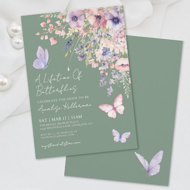 Sage Green Butterfly Wildflower Bridal Shower Invitation (Sage Green Butterfly Wildflower Bridal Shower Invitation)