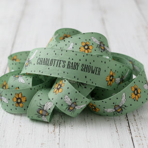 Sage Green Buzzing Bees Thank You Baby Shower Grosgrain Ribbon