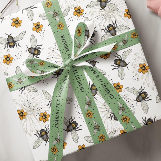 Sage Green Buzzing Bees Thank You Baby Shower Grosgrain Ribbon (Sage Green bees and cosmos flowers with custom text for the occasion. Comes in 1.5" and 3" width :)))