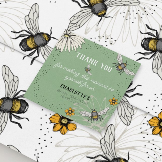 Sage Green Buzzing Bees Thank You Baby Shower Square Sticker (Elegant hand-drawn happily buzzing bees "Thank You" sticker for adorning just about everything! :)))