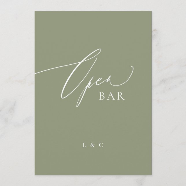 Sage Green Calligraphy 5 x 7 Wedding OPEN Bar Sign (Front)